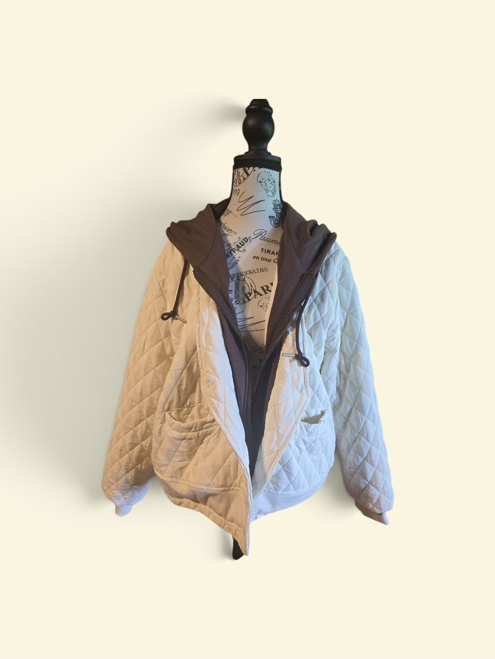 Anna Grace Cream Quilted Bomber Jacket with Brown Hood